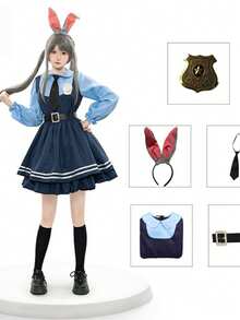 Conjunto completo de disfraz para adultos de oficial de policía Judy Rabbit para Halloween, atuendo de cosplay para actuación en escenario - Azul - Ver 4