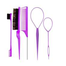 5Pcs Pink Hair Brushes & Tools Set: Topsy Tail, Edge, Bristle Brush, Rat Tail Comb, Slick Back Brush For Women & Girls' Hair Styling