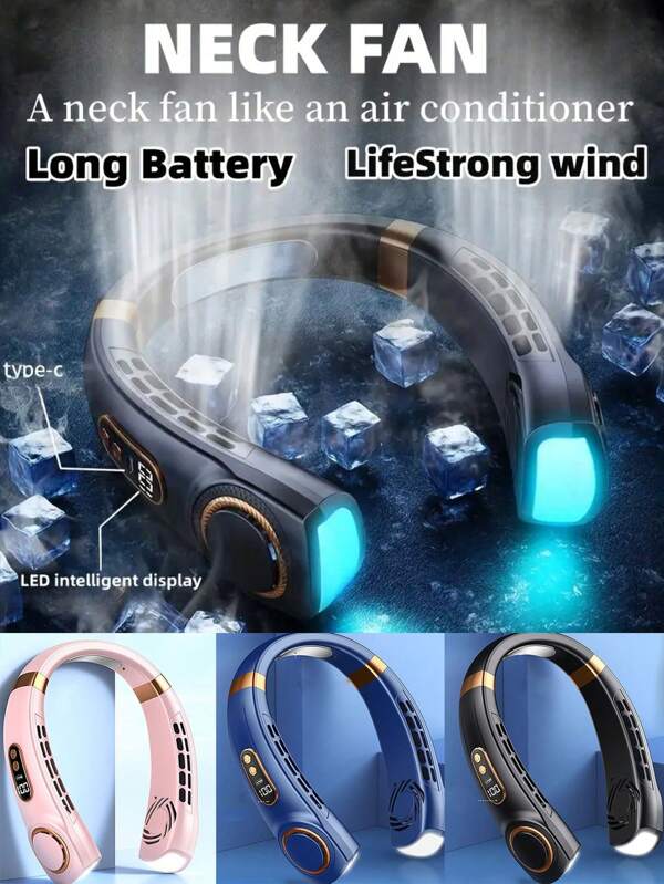 1pc Neck Hanging Fan, Bladeless Portable Neck Fan, Long Battery Life, 5 Adjustable Speeds, LED Display, Dimmable Light, Suitable For Students, Office, Outdoor Travel, Perfect Gift, Holiday Essential