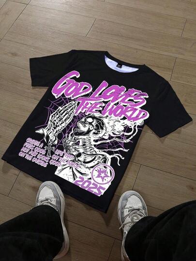 Camiseta de manga corta con estampado de esqueleto y eslogan casual para hombres Manfinity , camisetas gráficas streetwear2025
