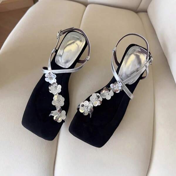 Women's New Wedge High Heel Shoes, Glitter Decor With Adjustable Laces, Thong High Heel Sandals, Fashionable Unique Shaped Heel Paired With Dresses, Multi-Functional Summer Outdoor Party Sandals