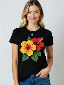 Camiseta  180g de Algodón con Estampado Floral de Hibisco Moda Veraniega Retro Estilo Boho Chic Cuello Redondo y Mangas Cortas Ideal para Eventos Casual  2023 Estilo Urbano Ropa Zindagi Elegante y Cómoda Primavera Verano - Negro - Ver 1