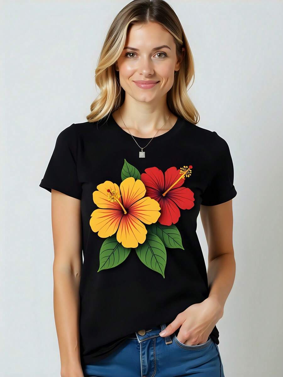 Camiseta  180g de Algodón con Estampado Floral de Hibisco Moda Veraniega Retro Estilo Boho Chic Cuello Redondo y Mangas Cortas Ideal para Eventos Casual  2023 Estilo Urbano Ropa Zindagi Elegante y Cómoda Primavera Verano - Negro - Ver 1