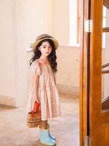 Girls' Lightweight Bowknot & Floral Digital Print Casual Dress, Summer - Multicolor - View 3