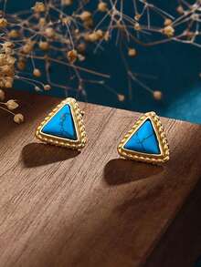 1pc Vintage Imitation Turquoise Triangle Twist Stud Earrings, Simple & Versatile Daily/Event Wear Jewelry Gift For Women, Friends - Blue - View 5