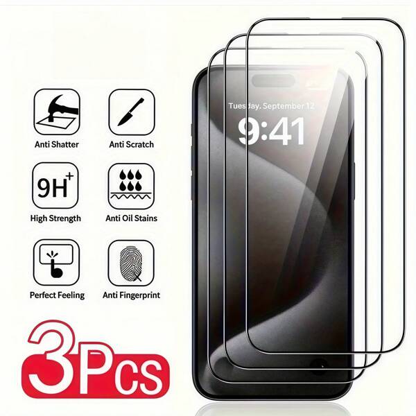 3 Pcs High-Definition Anti-Scratch Anti-Fingerprint Tempered Glass Screen Protector Film, Full Screen Coverage For IPhone 16 Pro Max/16 Pro/16 Plus/16/16e/15 Pro Max/15 Pro/15 Plus/15/14 Pro Max/14 Pro/14 Plus/14/13 Pro Max/13 Pro/13/12 Pro Max/12 Pro/12/11 Pro Max/11 Pro/11/Xr/Xs Max/XR/X/Xs