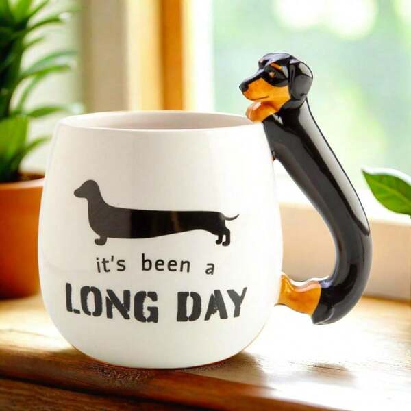 Sure Here's A New Product Title That Meets Your Requirements:"Whimsical Dachshund 3D Handle Mug – Punny Coffee Cup For Dog Lovers, Hand Wash Ceramic Design, Perfect Gift For Pet Enthusiasts