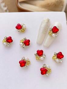 10pcs Heart-Shaped Rhinestone Nail Art Charms, Inlaid Faux Pearls, Luxury Y2K Metal Nail Accessories, Bright White, Pink, Red, Green, Purple Rhinestone Nail Gems, Suitable For Various DIY Nail Decorations - Multicolor - View 11