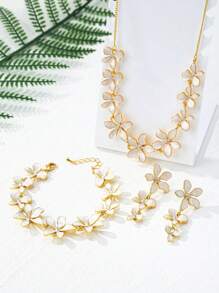 4pcs/Set 18k Gold-Plated Vintage Flower Splice Bracelet, Necklace, Elegant Middle East Luxury Earring Jewelry Set