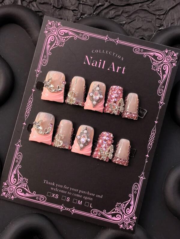 10pcs Y2K Sparkling Style Duckbill-Shaped Nail Stickers, Handmade, Available In Various Designs In Pink, Red, And Gold, Decorated With Handmade Wreaths, Bows, And Gold Patterns. Medium Length, Suitable For Women And Girls, Ideal For Holiday Wear, Attending Events, DIY Nail Art, Including Tool Kits. Almond-Shaped Nails. Handmade Nail Stickers. Fake Nails. Nail Supplies.