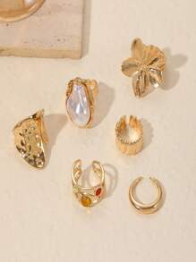 1pc French Baroque Faux Pearl Ring Set, Exaggerated Open Flower Design Metal Vintage Ring For Women