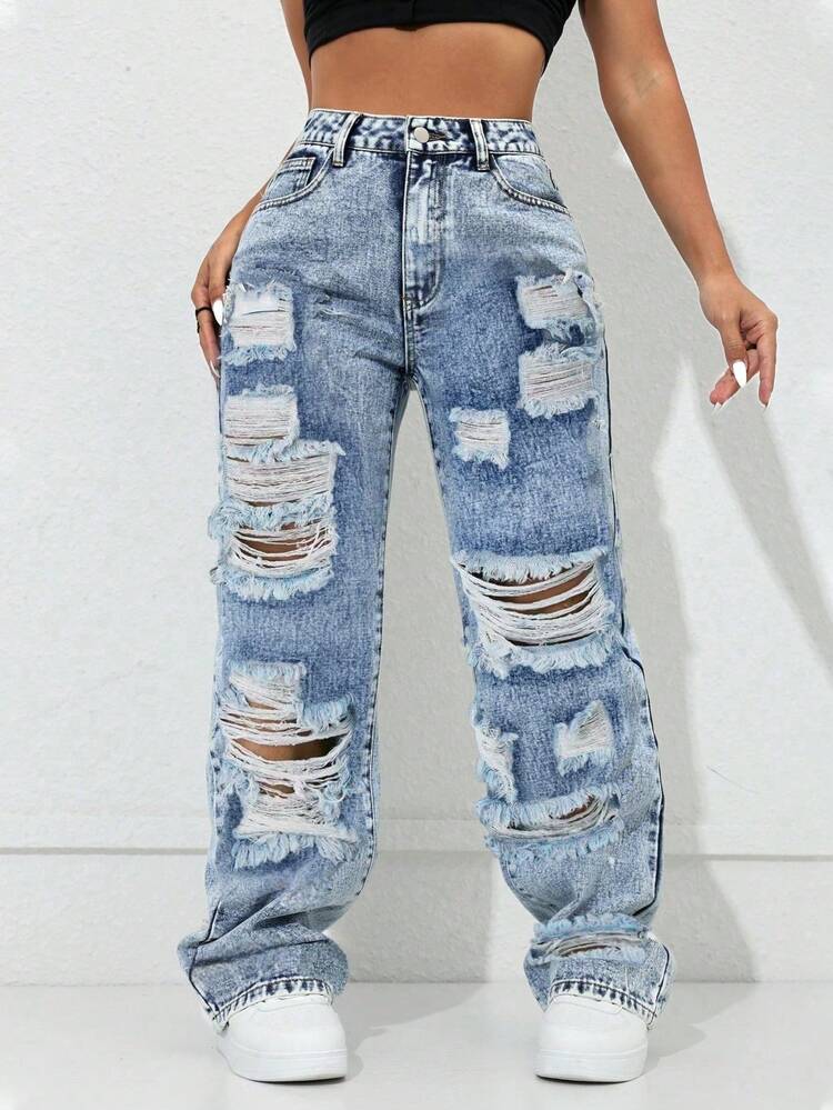 Jeans rectos de cintura alta con bolsillos laterales y abertura, estilo vintage Y2K, casual para primavera - azul real - Ver 1