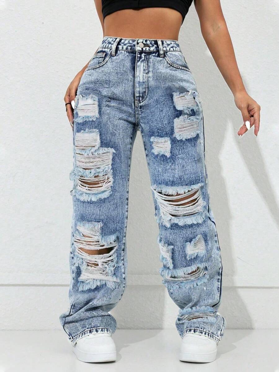 Y2K Rave Vintage High Waist Side Pocket Slit Straight Leg Jeans Casual Spring