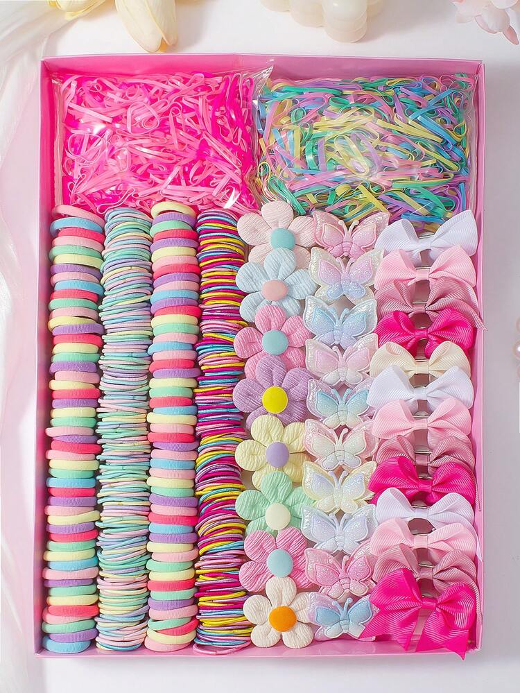 Juego de 10/845 piezas de pinzas para el cabello con motivos florales rosas, pinzas para el cabello con mariposas ombré brillantes, pinzas con lazo, scrunchies y lazos desechables para el cabello - Accesorios perfectos para outfits diarios, de fiesta o de viaje de niñas - Multicolor - Añade 1