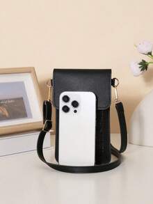 1 件黑色学院风迷你单肩包，垂直智能手机袋，时尚百搭轻便零钱包，带珍珠吊饰，PU 材质女士手提包