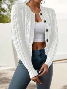 女式纯色简约粗针织纽扣开衫 - 白色 - 查看 5