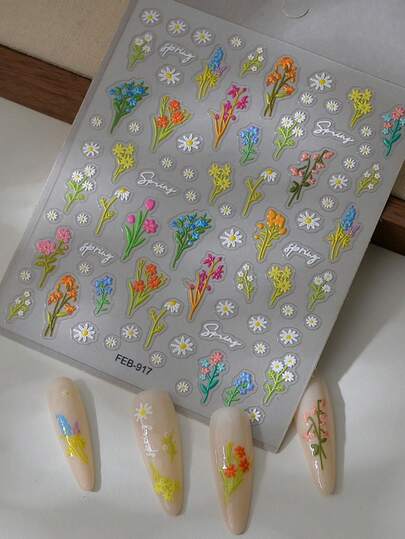 1PC The Colorful Fowers Are For Summer 5D Nail Art DIY Embossed Stickers Adhesive Sliders Nail Polish Manicure Sticker Decals
