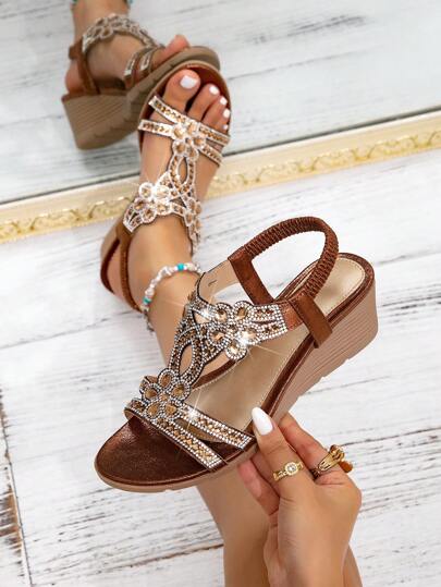 Women's New Style Platform Sandals - Retro Rhinestone Elastic Band Bohemian Style Roman Sandals, Suitable For Vacation Travel