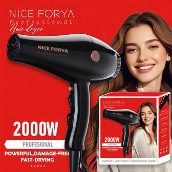 NICE FORYA Nice Forya- 2000W Salon Hair Dryer, Professional Blow Dryer Fast Drying With 2 Speed, 3 Heat Setting, Cool Button, With Nozzle, Straight Hair-Black, Suitable For Traveling Christmas Gifts Mother's Day Gift Father's Day Gifts Valentine's Day Gift School Season Gift