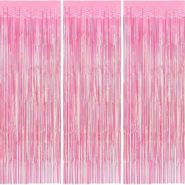 3pcs/Set Pink Tassel Ribbon Backdrop Curtain For Birthday Party Decor, Pink Metallic Wire Backdrop For Bachelorette, Wedding, Birthday Party, Aluminum Foil Tassel Curtain Backdrop For Christmas Decor