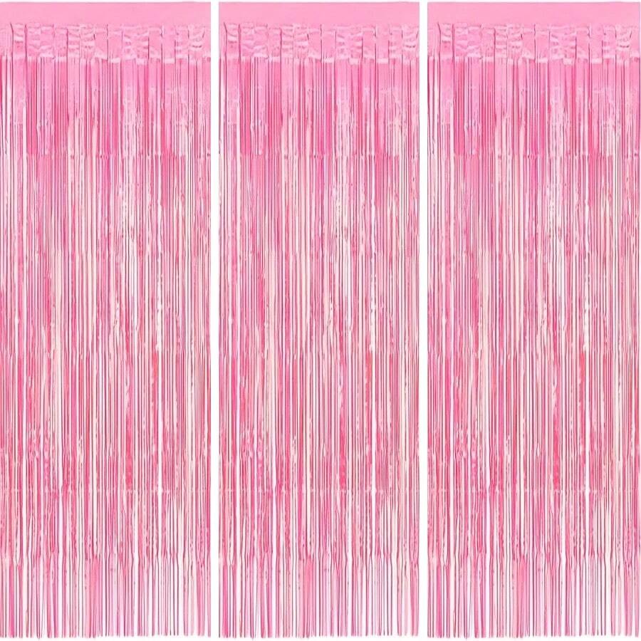 3pcs/Set Pink Tassel Ribbon Backdrop Curtain For Birthday Party Decor, Pink Metallic Wire Backdrop For Bachelorette, Wedding, Birthday Party, Aluminum Foil Tassel Curtain Backdrop For Christmas Decor