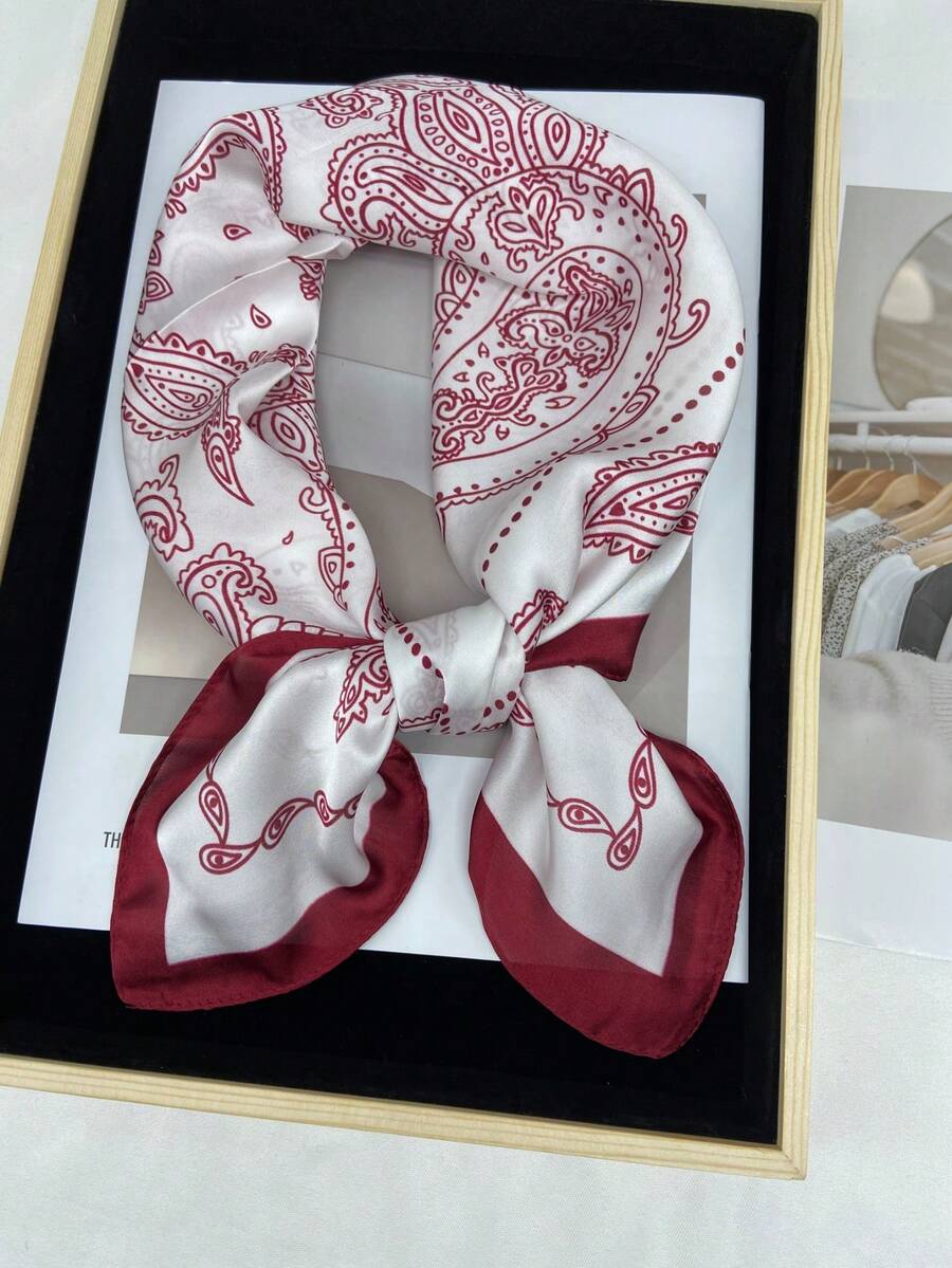 1条70*70厘米方形丝巾，缎面印花头巾，领巾，披肩，时尚发带 - 紅邊 - 查看 1