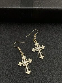 1 ketting + 1 paar oorbellen, donkere stijl, diamanten kruishanger, oorbellen, opengewerkte punkstijl sieradenset voor dames