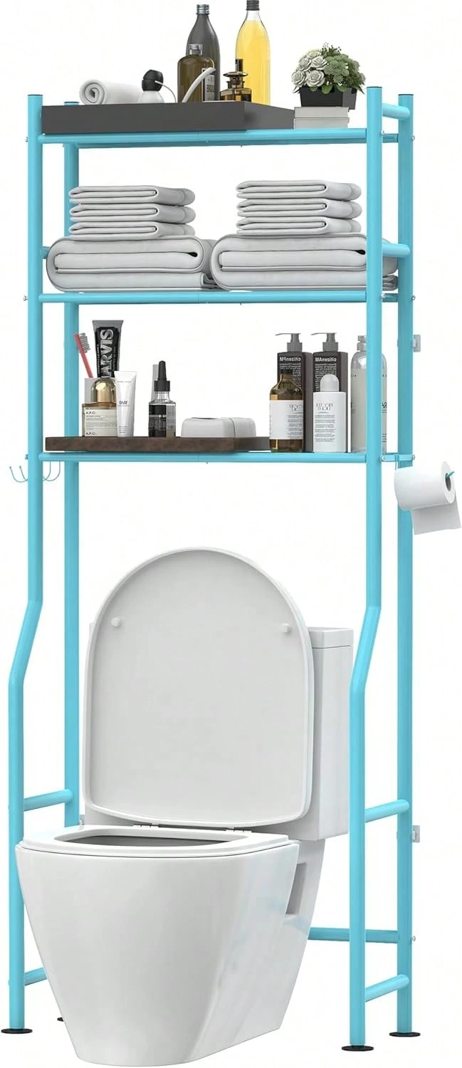 3-Tier Over The Toilet Storage, Freestanding Metal Bathroom Shelves With 4 Hooks, Over Toilet Storage Shelf With Paper Holder, Above The Toilet Shelf For Bathroom Storage, Blue - 藍色 - 查看 1