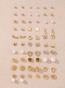 30 Pairs Children Sweet Bowknot, Heart, Faux Pearl Flower, Rhinestone Stud Earrings Set, Gift For Girls
