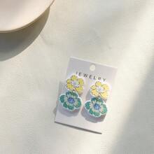 1 Pair Elegant Yellow & Green Floral Doodle Acrylic Drop Earrings, Women Holiday Party