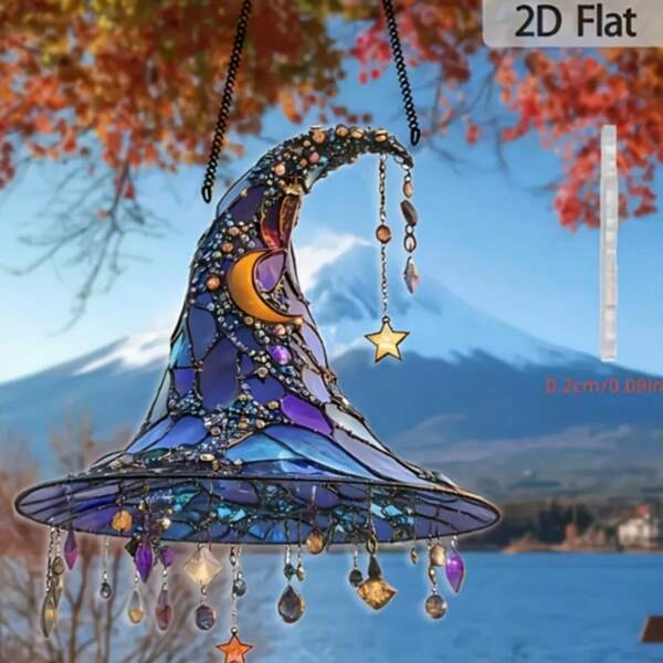 2D Flat Boho Style 2D Acrylic Witch Hat Wall Hanging - Colorful Stained Glass Look With Crescent Moon, Stars And Teardrop, Ideal For Home, Garden, Porch And Bedroom Party Decoration, Boho Home Decor Halloween Decor Fall Decor Room Decor