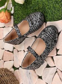 1 Pair Black Toddler/Little Girls' Silver Print Soft PU Leather Mary Jane Flats, Round Toe, Hook And Loop Strap, TPR Anti-Slip Sole, Bohemian Princess Casual Shoes, Suitable For 1-12 Years Old Students, Suitable For Parties, Dancing, Daily Wear In Spring, Autumn And All Seasons