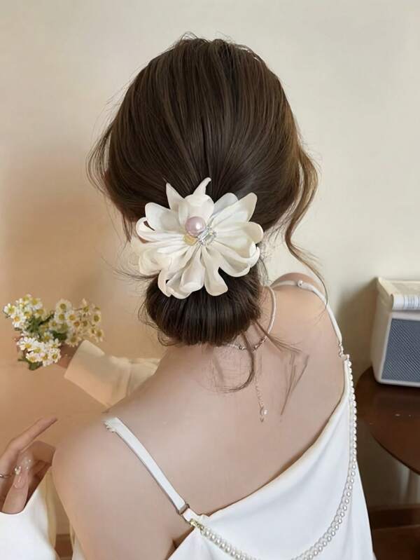 1 stuk Koreaanse stijl delicate bloemen witte parel bloem paardenstaart houder haaraccessoire
