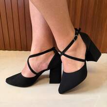 Women's Pumps Shoes Cross Straps High Heel 8 Cm Thick Shiny Elegant Original Show Show - 黑色 - 查看 2