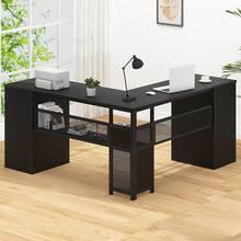 Veyra White L Shaped Desk With Drawers Shelves, Large Home Office Corner Computer Desk With Storage File Cabinet, Modern Metal Wood Desk For Executive Writing Study Workstation, 59 Inch Bedroom Table - Black - View 4