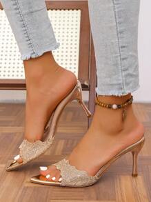 Sandales à talons aiguilles pour fête de mode classique à bout ouvert blanc pour femmes grande taille, Mules à talons hauts stilettos en or champagne brodées