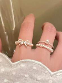 3pcs/Set Minimalist Bow Pearl Beaded Adjustable Rings Set, Sophisticated Stackable Jewelry For Daily Wear, Great Gift For Girlfriend, Sister, Christmas, Valentine's Day, Birthday, Mother's Day
