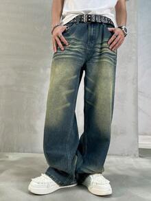 HEHCN 男士复古水洗宽松直筒阔腿牛仔裤，百搭 Y2K 美式街头风格牛仔裤，适合送给丈夫或男朋友