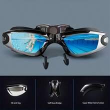 High Def Anti-Fog Swimming Goggles With Ear Plugs - Electroplated Design, Unisex, Wide View - Suitable For Pool And Beach Fun