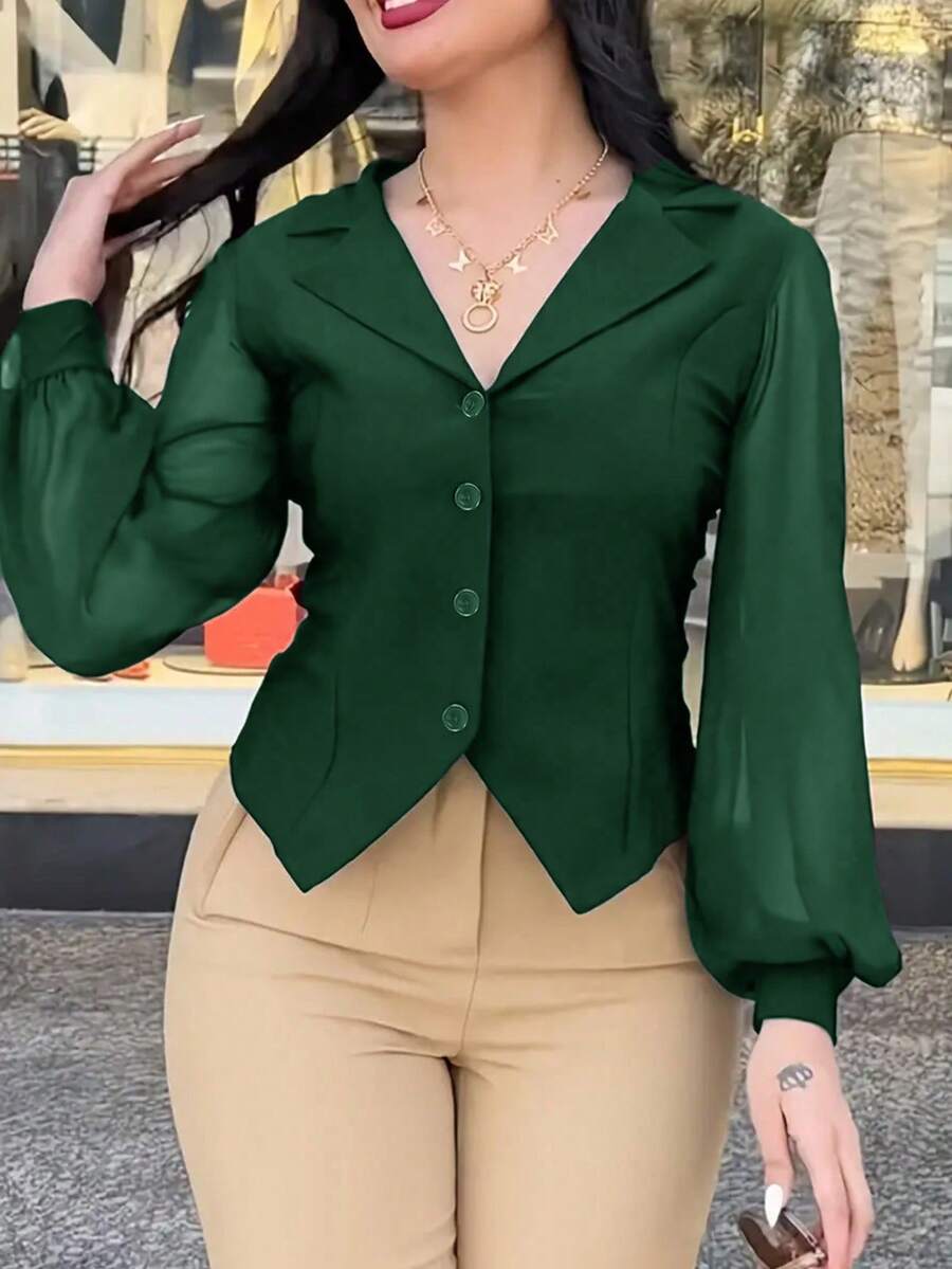 Camisa de manga larga con botones delanteros y bajo asimétrico de unicolor para primavera - Verde esmeralda - Ver 1