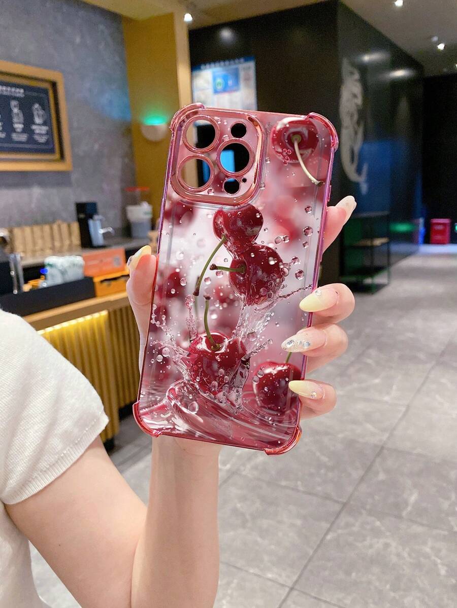 1pc Splash Resistant Cherry Branch Design Shockproof Electroplated Camera Phone Case Compatible With Apple/Compatible With Infinix/Compatible With Redmi/Compatible With OPPO/Compatible With VIVO/Compatible With Realme, International Version, Not The Domestic Version - Pink - View 1