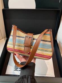 Bolso de hombro de gran capacidad con decoración de arcoíris de paja de primavera, diseño cuadrado minimalista para mujeres
