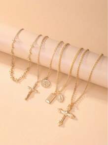 4pcs/Set Retro Metal Geometric Round Pendant Multilayer Necklace, Women's Punk Style Jesus Cross Pendant Necklace