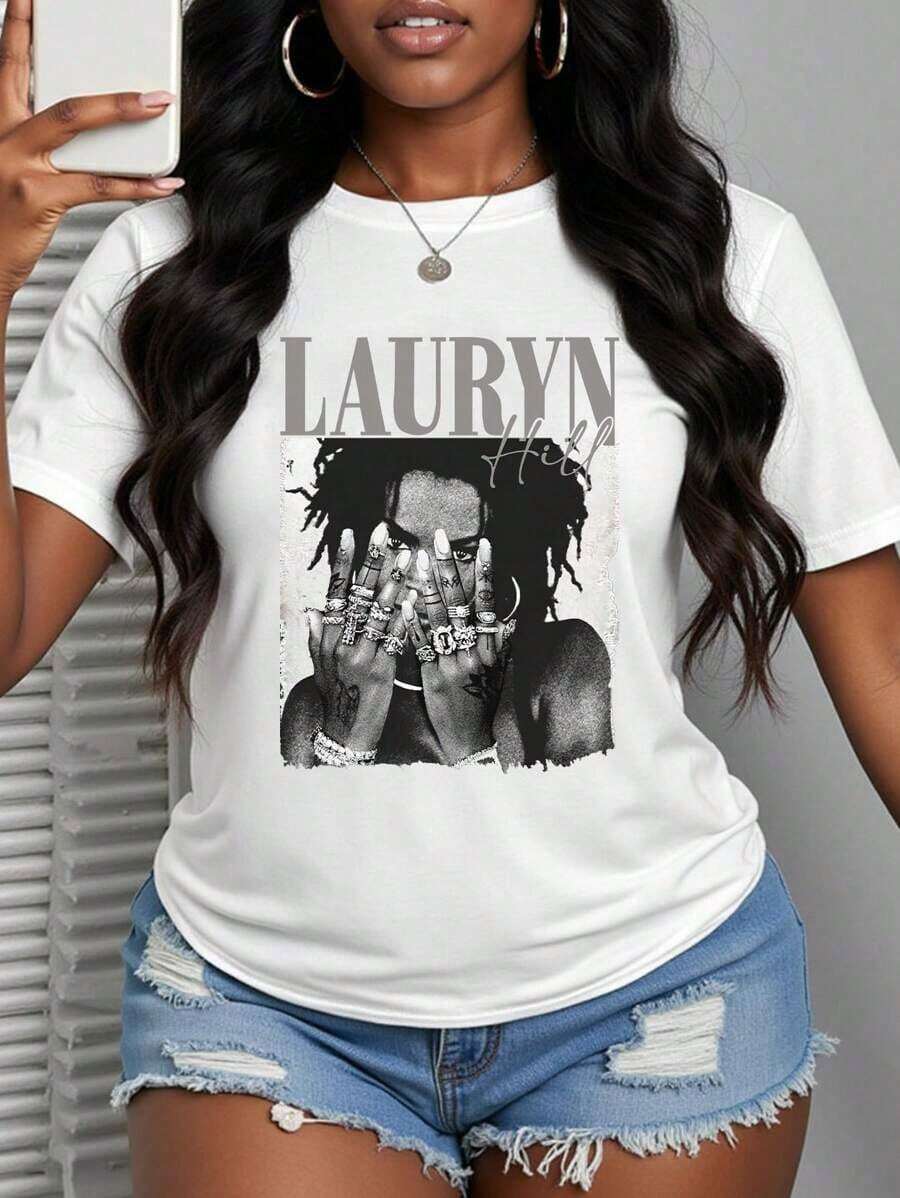 With Ring On Hand - 100% Cotton Women's T-Shirt/Lauren Hill/Letter Print/Vintage T-Shirt/Women's Casual Loose Round Neck Top/Spring And Summer-Niche G - 白色 - 查看 1