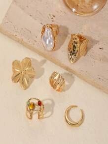 1pc French Baroque Faux Pearl Ring Set, Exaggerated Open Flower Design Metal Vintage Ring For Women