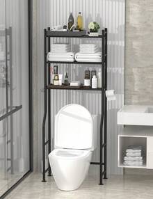 3-Tier Over The Toilet Storage, Freestanding Metal Bathroom Shelves With 4 Hooks, Over Toilet Storage Shelf With Paper Holder, Above The Toilet Shelf For Bathroom Storage, Black - 黑色 - 查看 2
