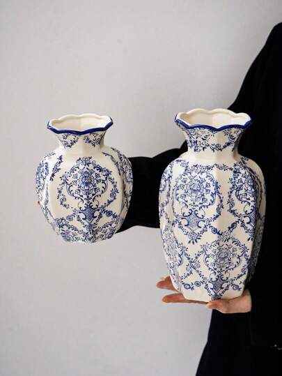 Cabin Kangaroo 1pc New Chinese-Style Blue And White Porcelain Vase, New Classical Home Decor, Living Room Flower Vase, Foyer Ornaments, Vintage Peony Flower Vase Room Decor Glass Vase