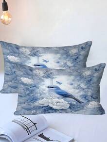 2/3件套蓝色花卉鸟图案床单套装 - 卧室系列，含1个羽绒被套和1-2个枕套，特大号床罩，床单，柔软亲肤涤纶面料，可机洗，干洗。适用于家居和卧室装饰、房间装饰、双人床上用品、房间装饰用品。