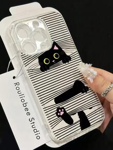 可爱淘气小猫爬窗帘图案设计，时尚透明手机壳兼容 15/11/12/13/14/16/S21/S22/S23/S24/S25/PLUS/ULTRA、17/17 Pro/17 Pro Max/Air、16 Pro Max，可爱的手机保护套，减震防摔印花手机壳，送给朋友或爱人的节日礼物 - 無色 - 查看 2