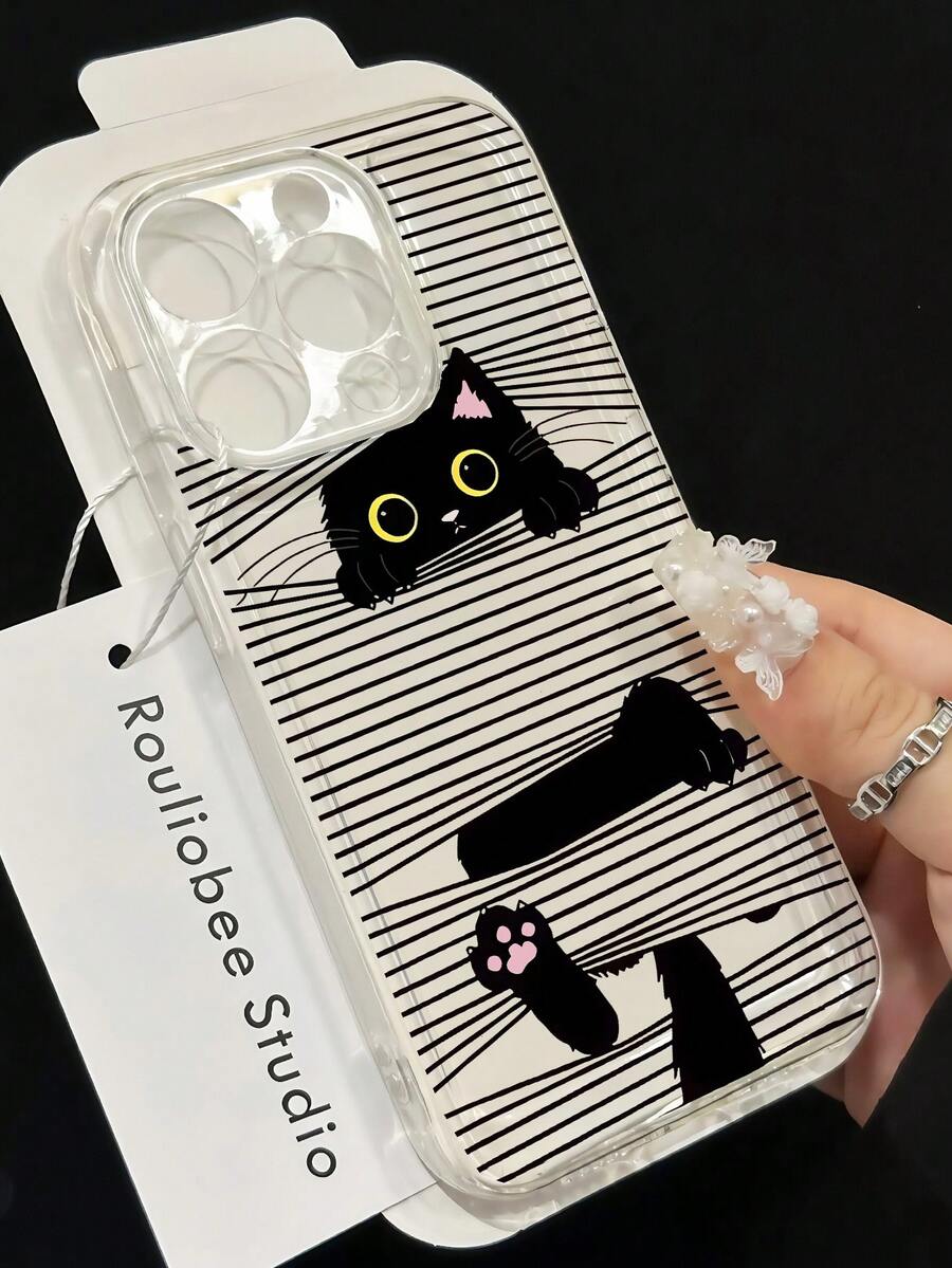 可爱黑猫图案时尚透明手机壳,兼容 15/11/12/13/14/16/S21/S22/S23/S24/S25/PLUS/ULTRA、17/17 Pro/17 Pro Max/Air、16 Pro Max,顽皮小猫攀爬窗帘图案,可爱手机保护套,防震防摔印花手机壳,春季生日周年纪念礼物,送给朋友或爱人 - 無色 - 查看 1